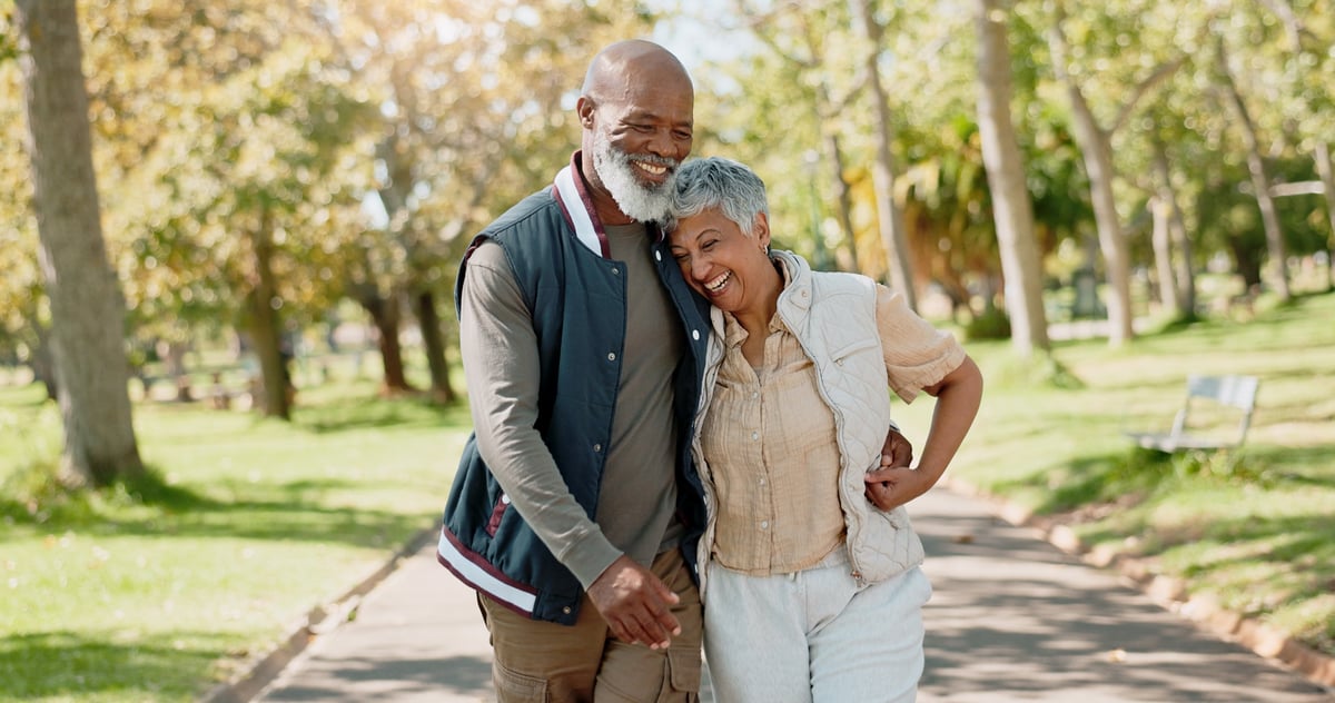 Happy senior couple in park for walk