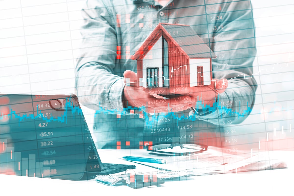 Real estate investment property with financial charts showing property market analysis